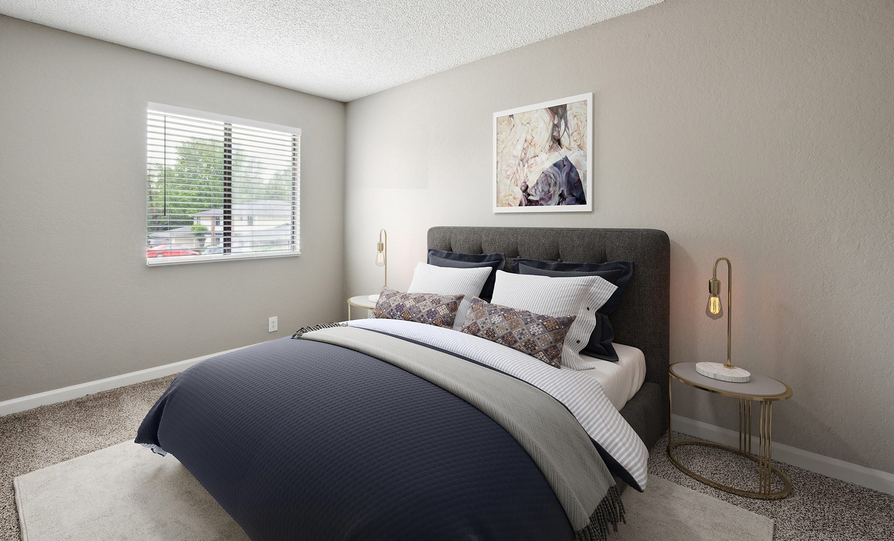 a bedroom with a bed, nightstand and dresser at The  Darby